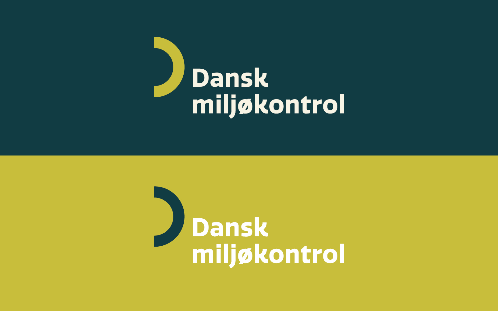 Eksempel på opsætning af Dansk Miljøkontrols logo. Firmanavnet er hvidt, mens det buede ikon er gulligt på grøn baggrund og vice versa