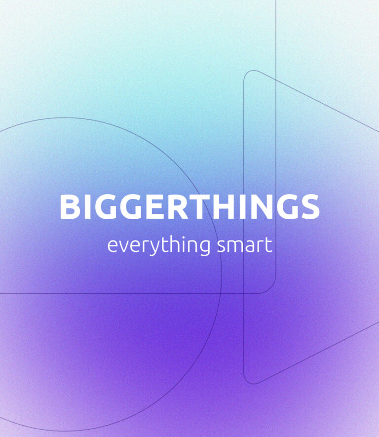 Et logo for B2B brandet Biggerthings med skiftende farve fra lilla til lyseblå der symboliserer smart home segmentet