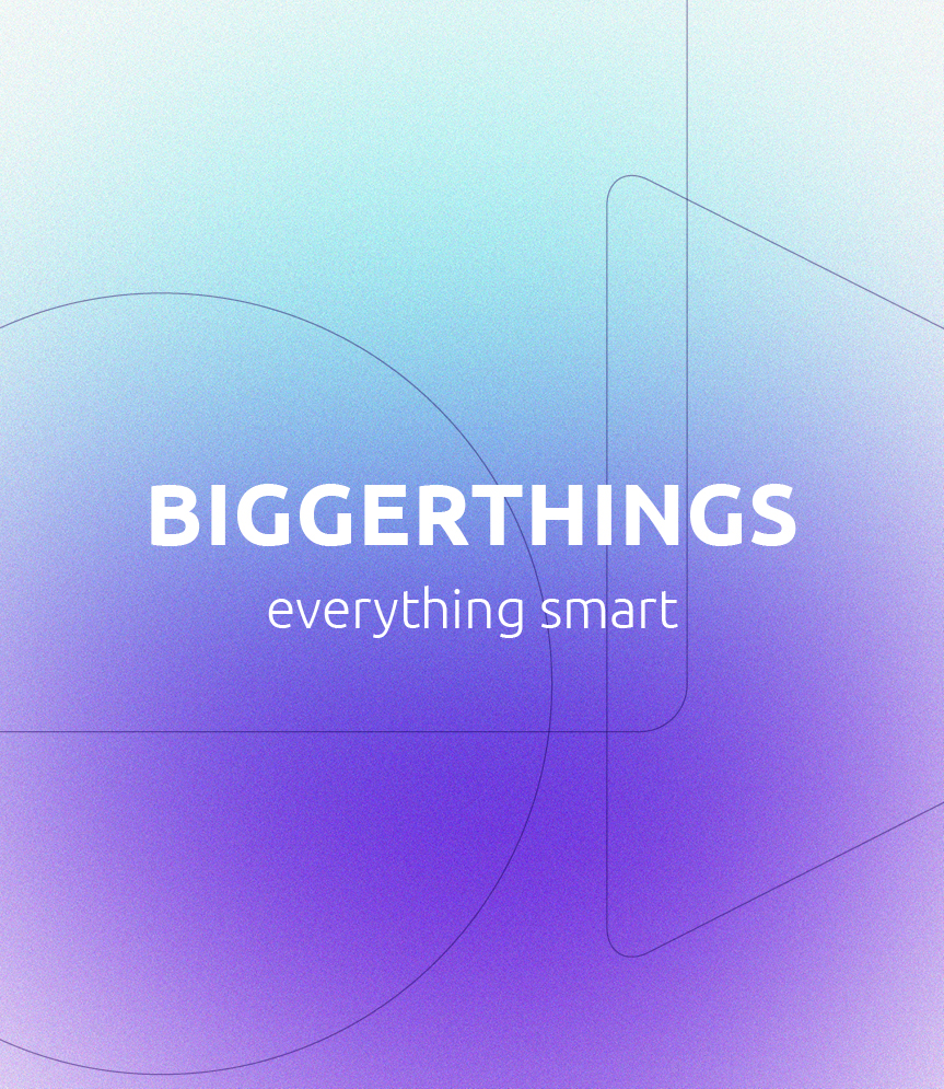 Et logo for B2B brandet Biggerthings med skiftende farve fra lilla til lyseblå der symboliserer smart home segmentet