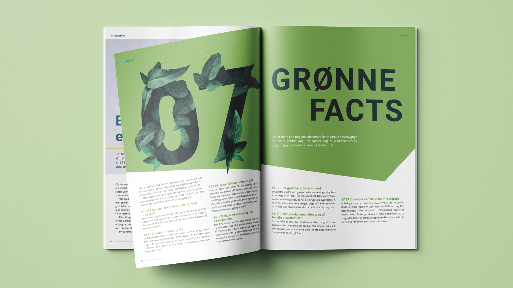 Opslag i branchemagasin for brancheforeningen EPS-branchen. På den ene side står 07 og på den anden "grønne facts"