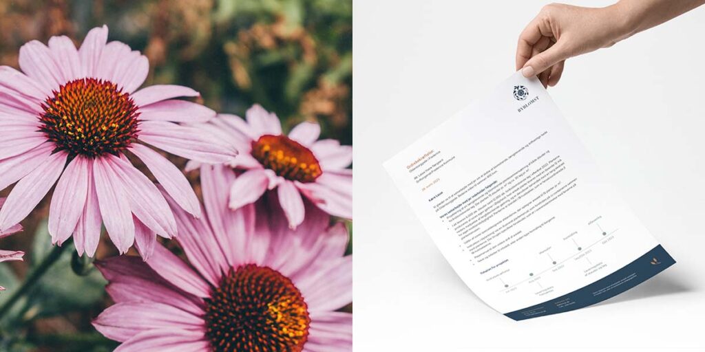 Todelt foto med nærbillede af blomster til venstre og mockup af nyt brevpapir til højre med Byblomst logo og branding på