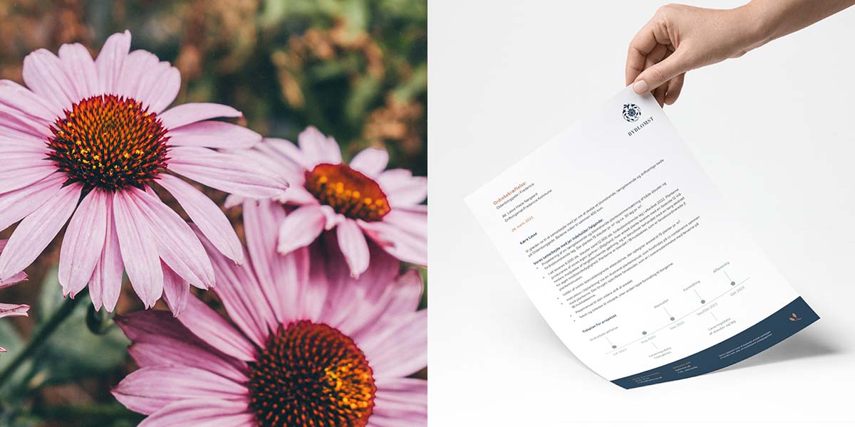 Todelt foto med nærbillede af blomster til venstre og mockup af nyt brevpapir til højre med Byblomst logo og branding på