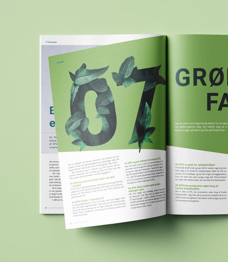Opslag i branchemagasin for brancheforeningen EPS-branchen. På den ene side står 07 og på den anden "grønne facts"