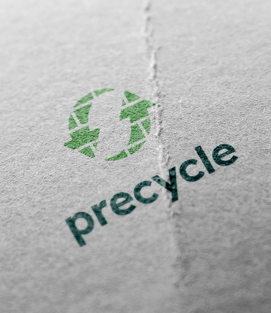 Illustration af Precycles logo trykt på genbrugspapir