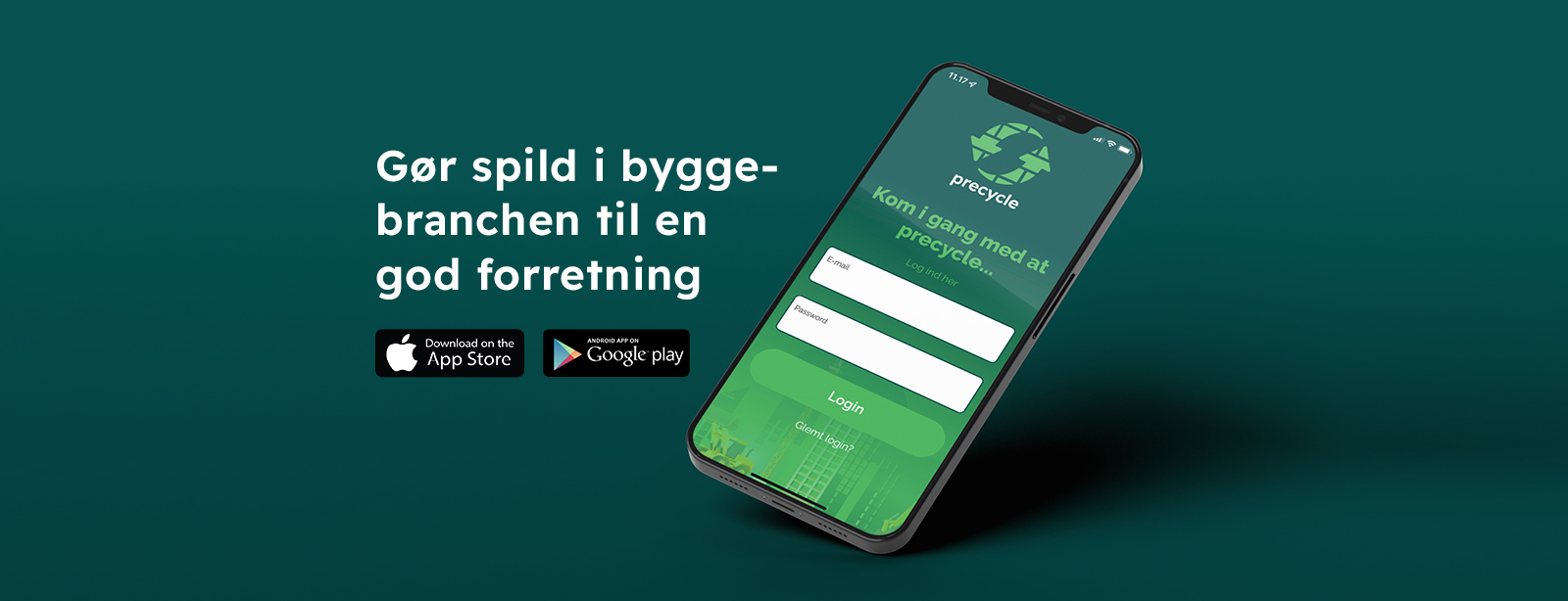 En illustration af Precycles app på en iPhone. Teksten er "Gør spild i byggebranchen til en god forretning". Der vises ikoner for Apples App Store og Google Play Store