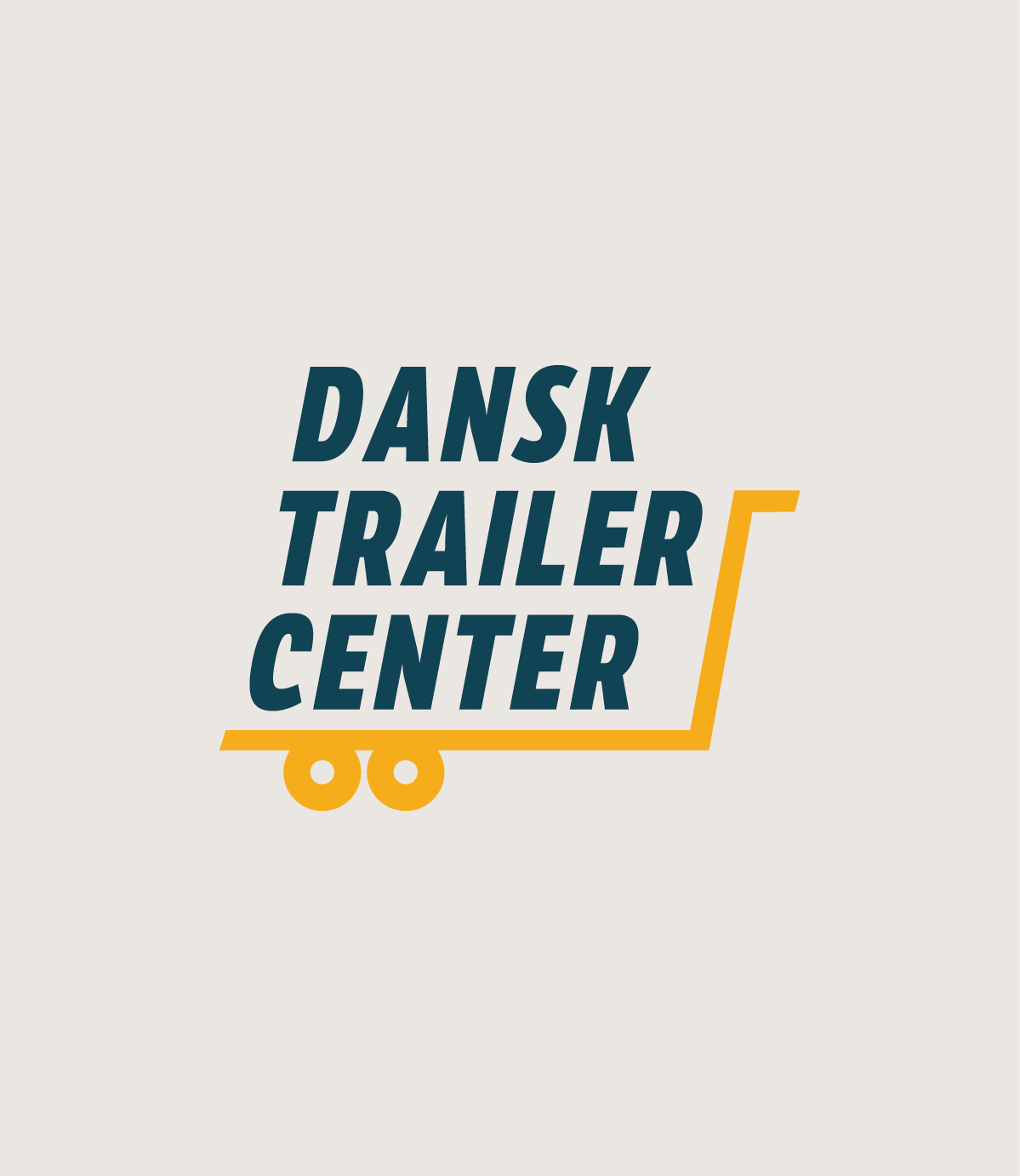 Logo design for Dansk Trailer Center. Navnet står med store bogstaver i tre dæk. En tyk gul streg symboliserer en karikeret trailer på højre side og under bogstaverne.