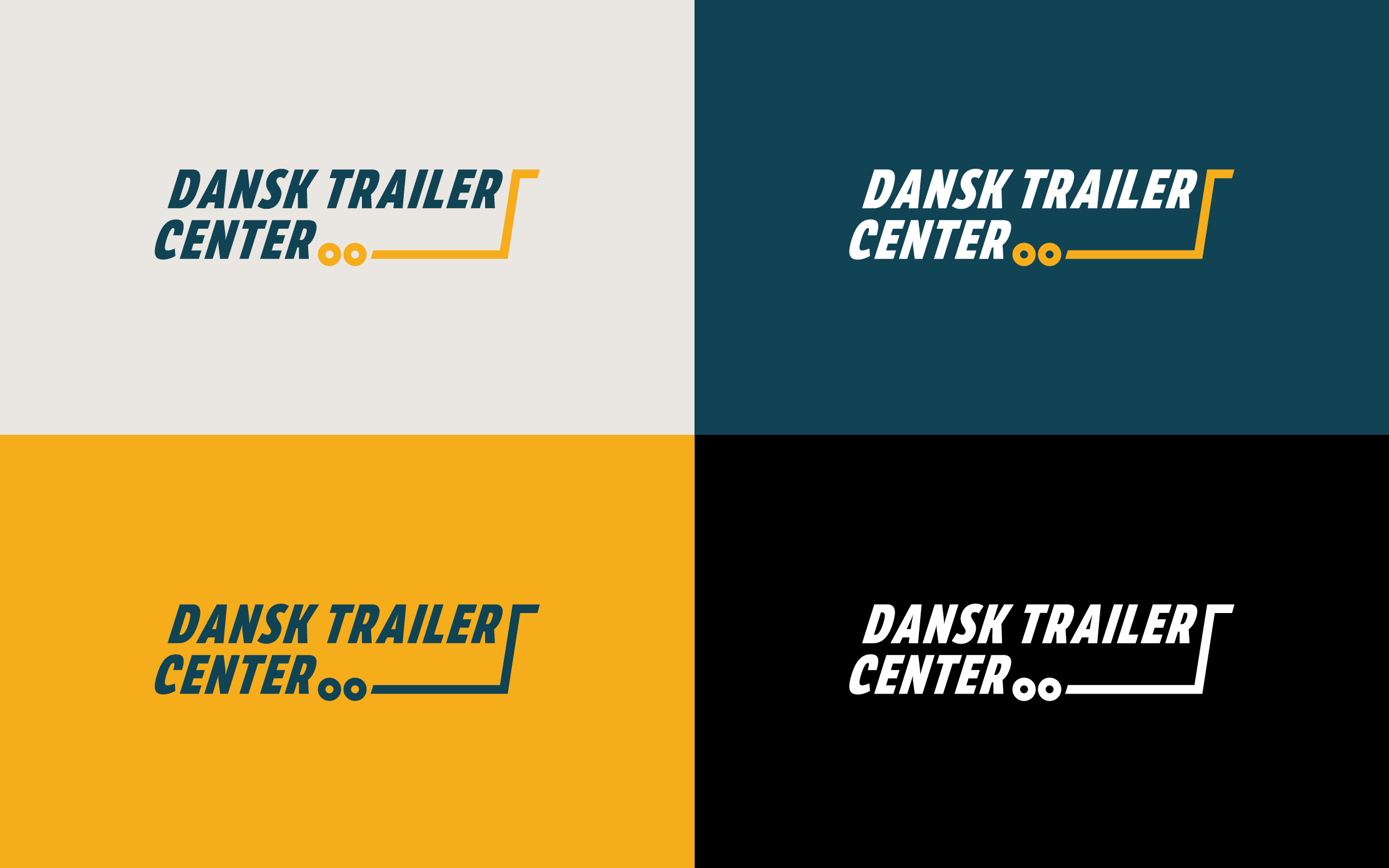 Fire versioner af logo for dansk trailer center. Det er vist på grå, blå, gul og sort baggrund.