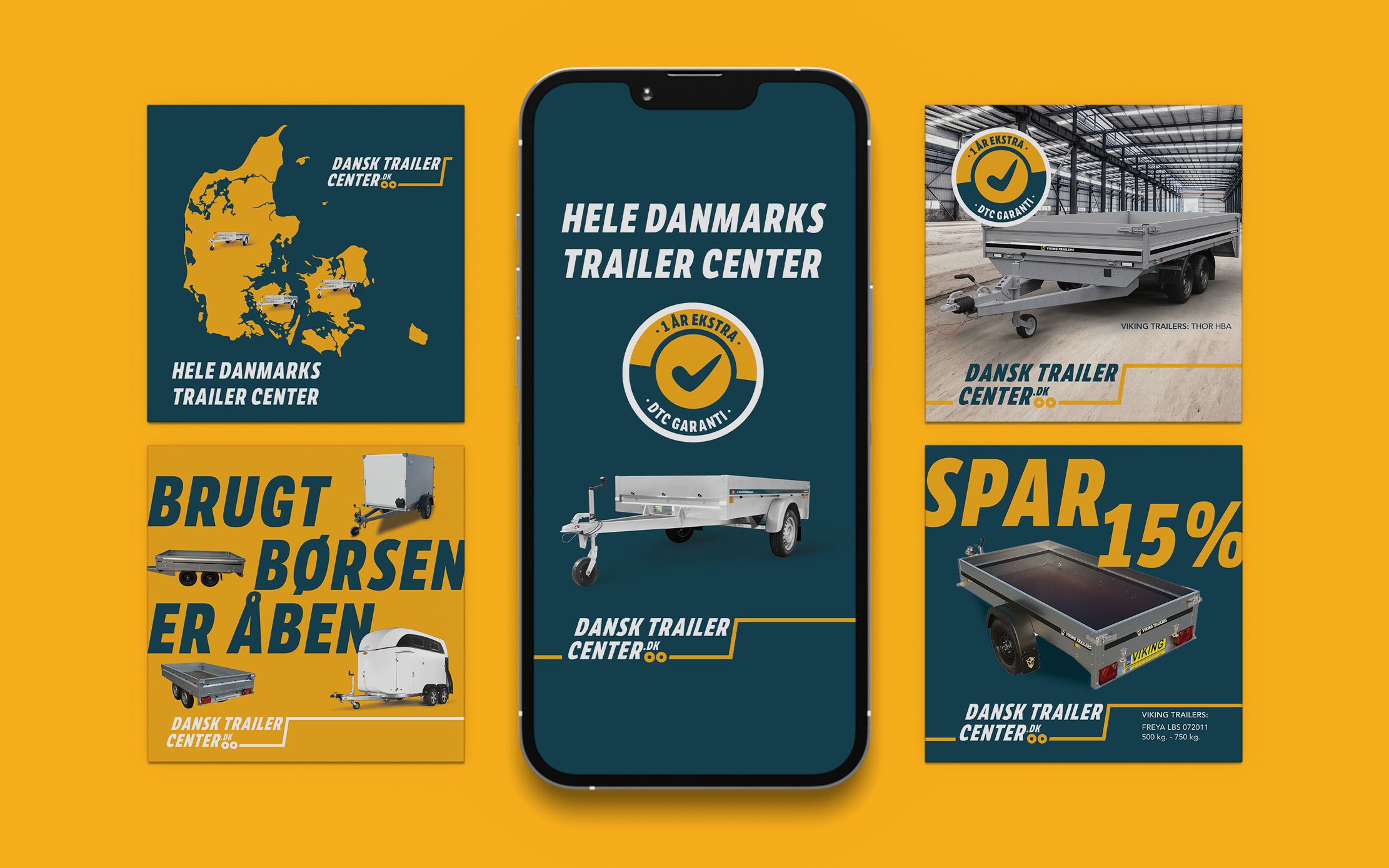 5 forskellige fotos viser hvordan branding af Dansk Trailer Center bruges på sociale medier. Der er vist trailere, danmarkskort og logoer