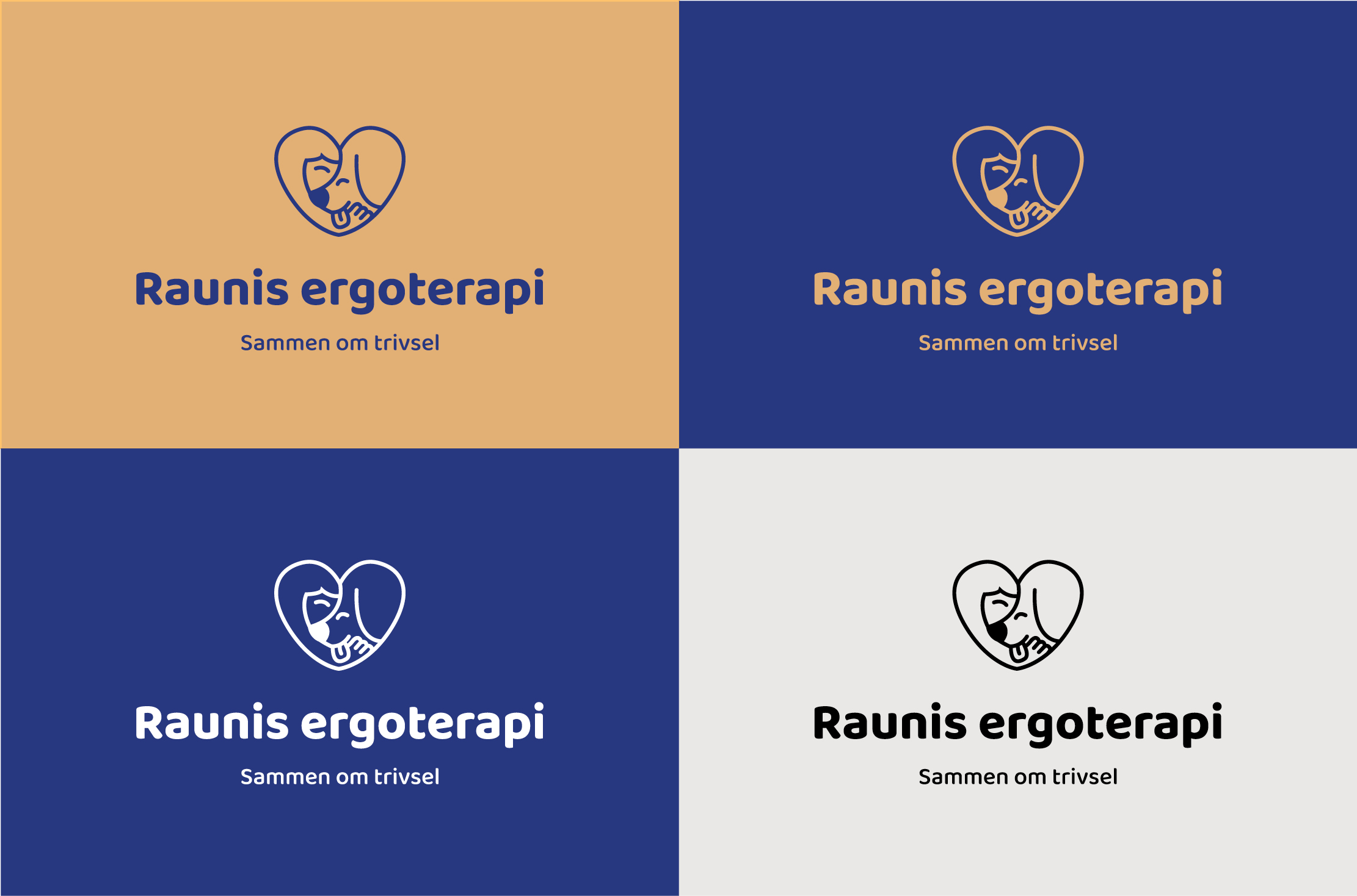 Fire versioner af logoet for Raunis Ergoterapi. Øverst er et hjerteformet ikon. Under det står firmanavnet og nederst taglinen sammen om trivsel