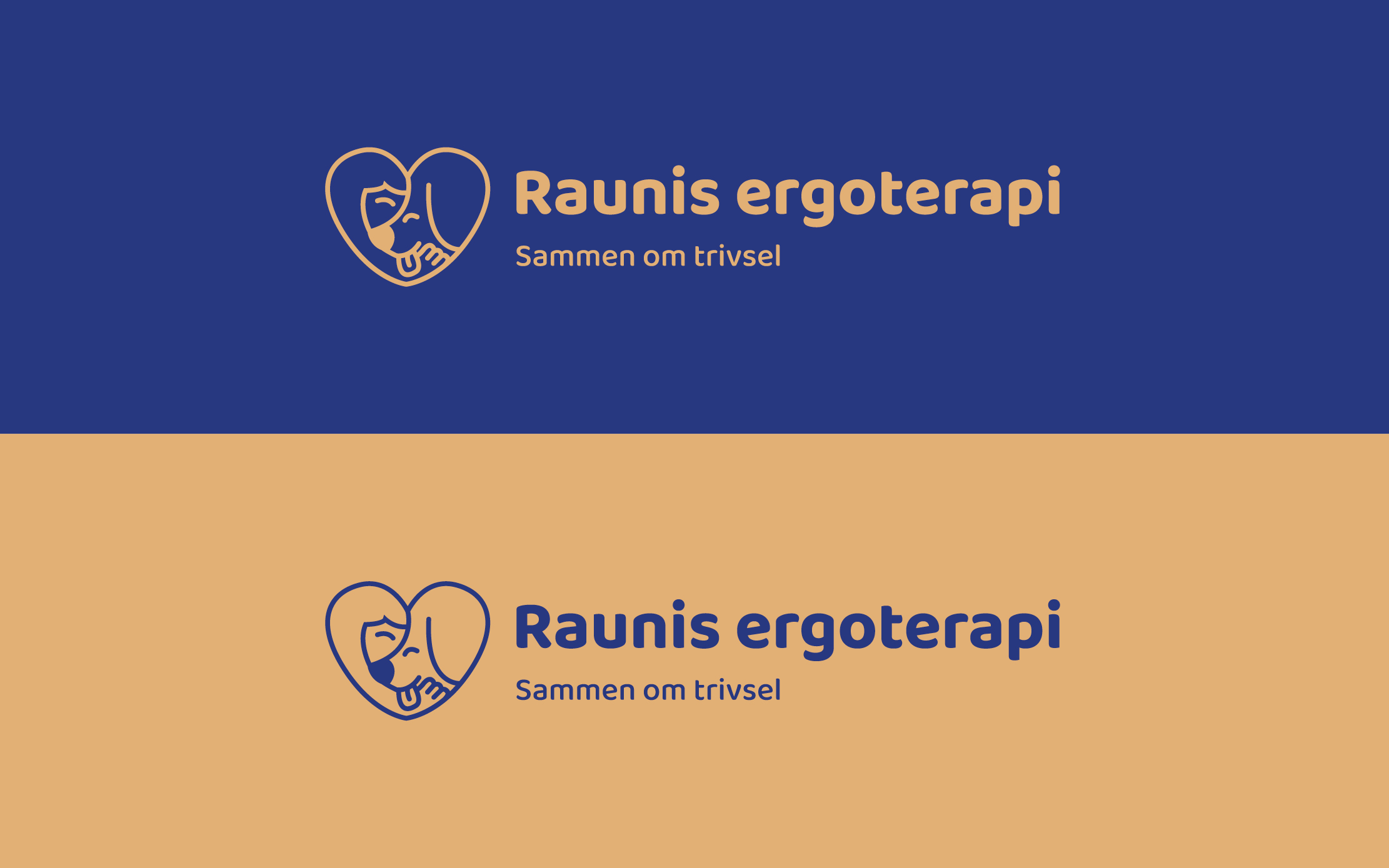 To versioner af logoet for Raunis Ergoterapi. Til venstre ses et hjerteformet ikon. Til højre står firmanavnet og nederst taglinen sammen om trivsel