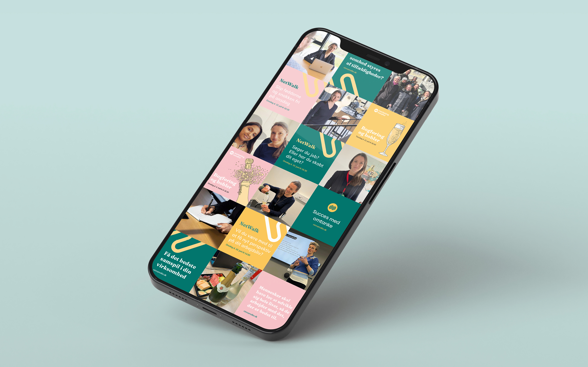 Et Instagram grid designet som en del af brandidentiteten for Ninna Møller. Der er skiftevis billeder af Ninna og grafik med forskellige budskaber
