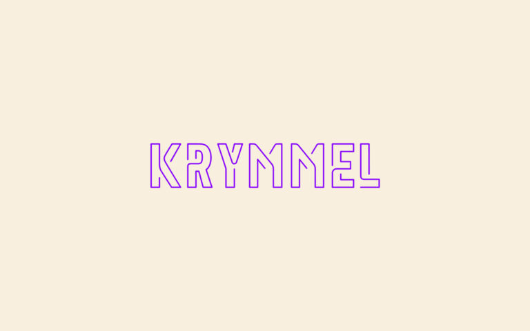 Logodesign for retouch virksomheden Krymmel i Horsens med lilla streger som neon på sandfarvet baggrund