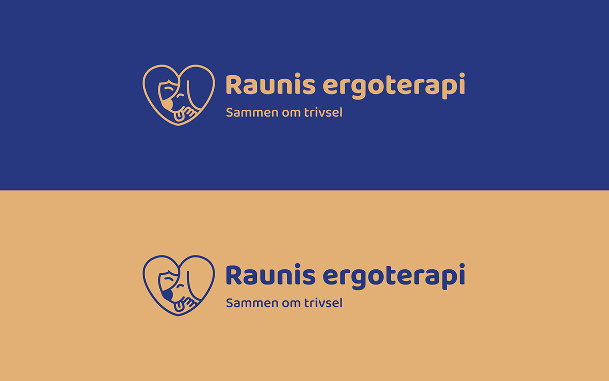 To versioner af logoet for Raunis Ergoterapi. Til venstre ses et hjerteformet ikon. Til højre står firmanavnet og nederst taglinen sammen om trivsel