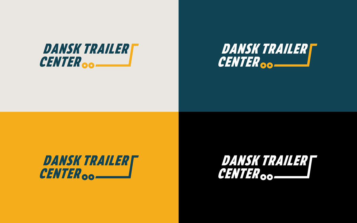 Fire versioner af logo for dansk trailer center. Det er vist på grå, blå, gul og sort baggrund.