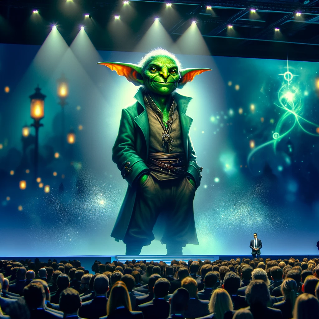 A green goblin on stage at a conference ready to spread lies and encourage greenwashing