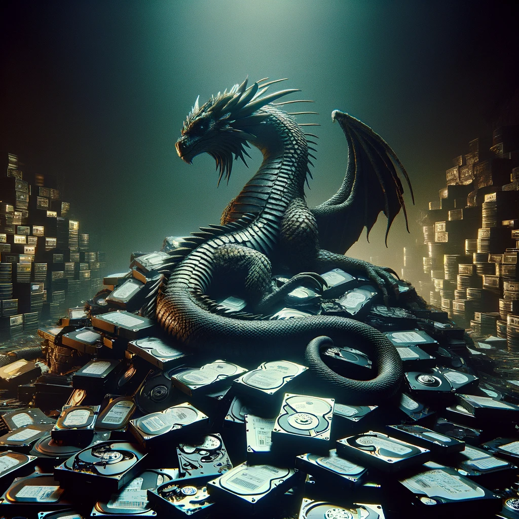 A dragon named data wyrm rests on a mountain of old hard drives